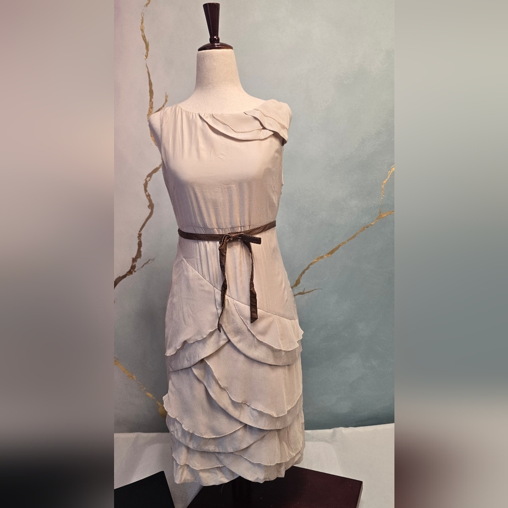 Esley Cream Light Tan Tiered Ruffle Dress with Brown Leatherette Tie Belt S